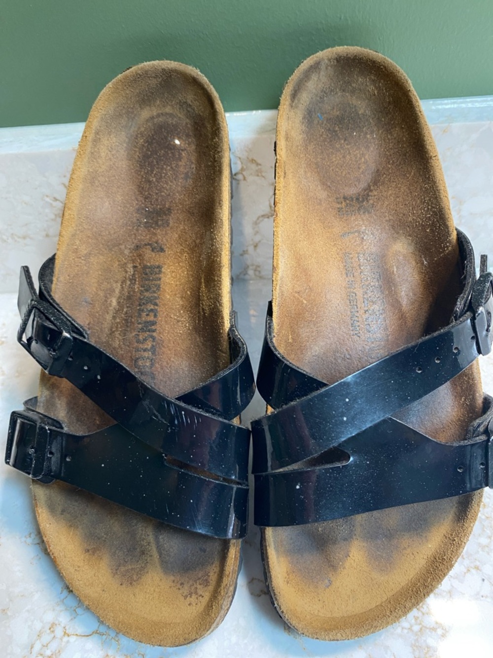 Birkenstock Black Patent Crisscross Buckle Sandals